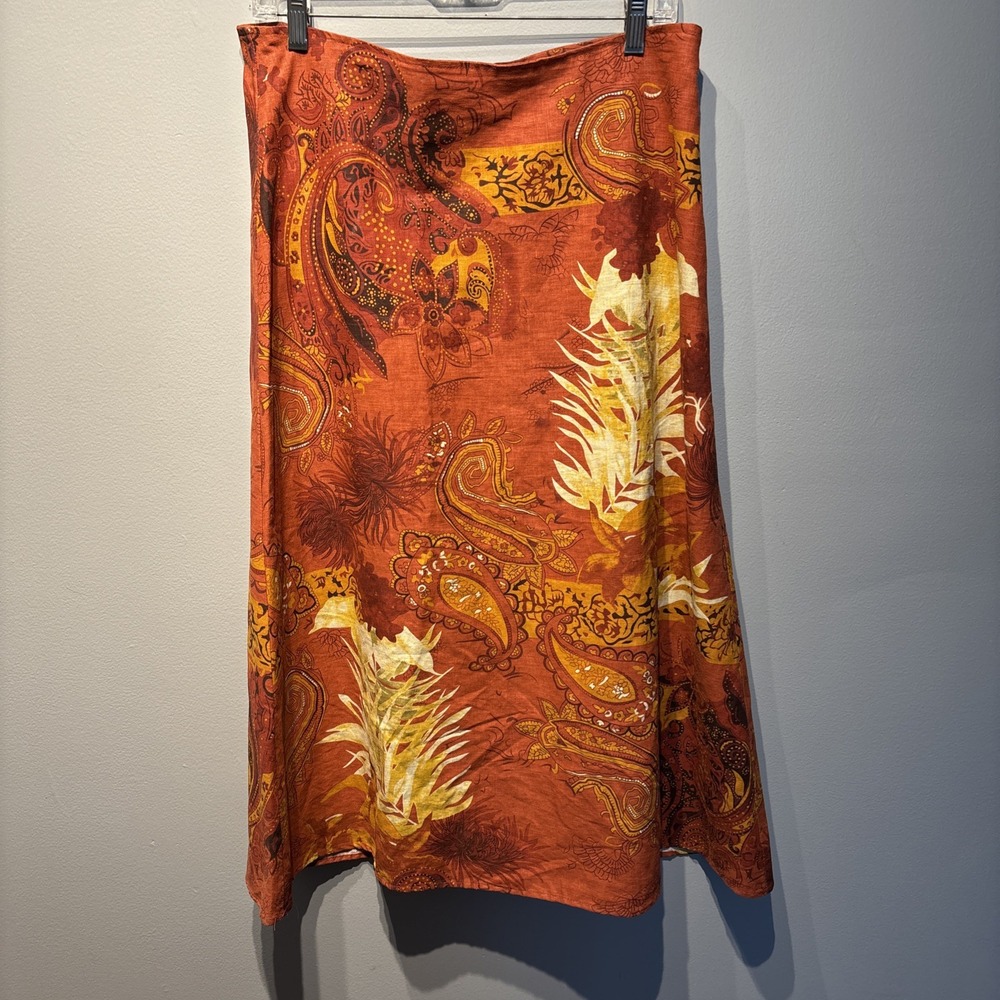 Carole Little Skirt Womens Sz10 Rust‎ Paisley Linen Blend Midi Tropical Artsy